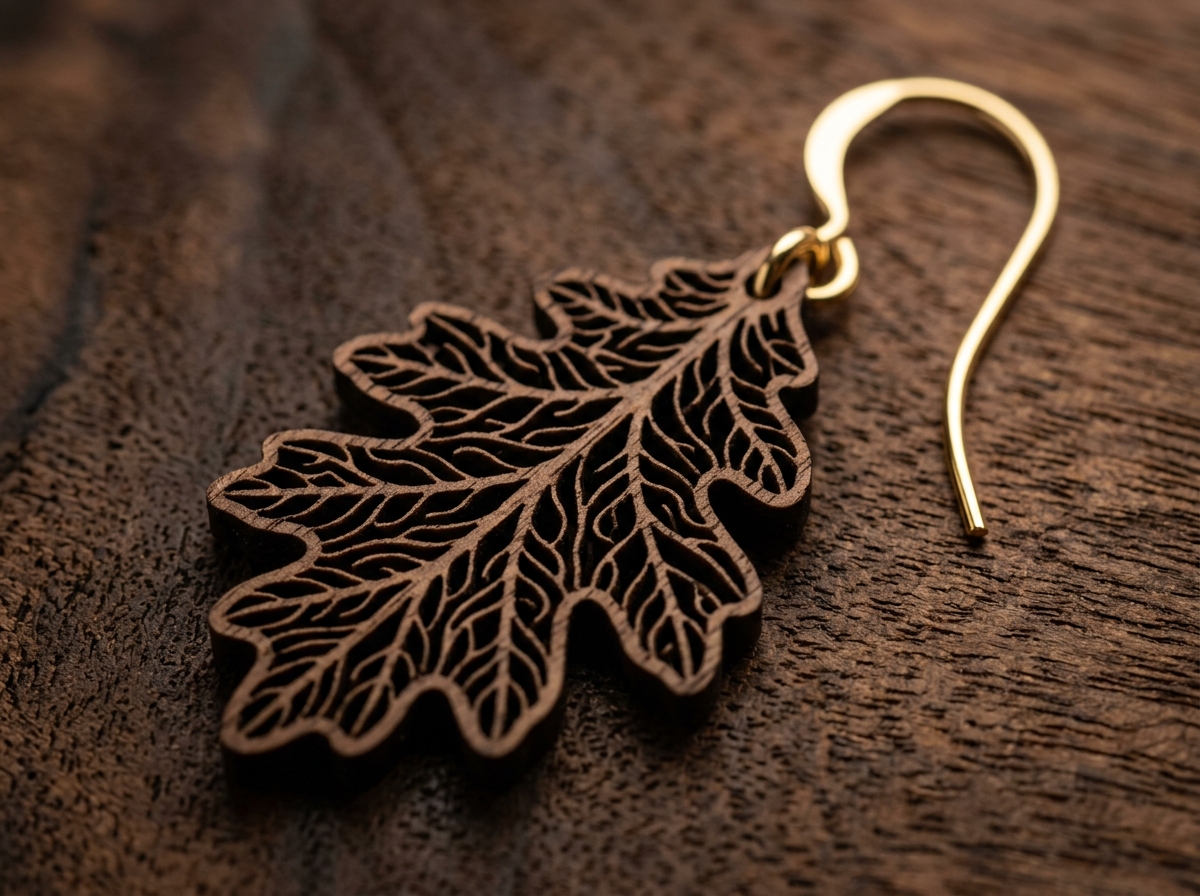 Laser cut walnut botanical earring